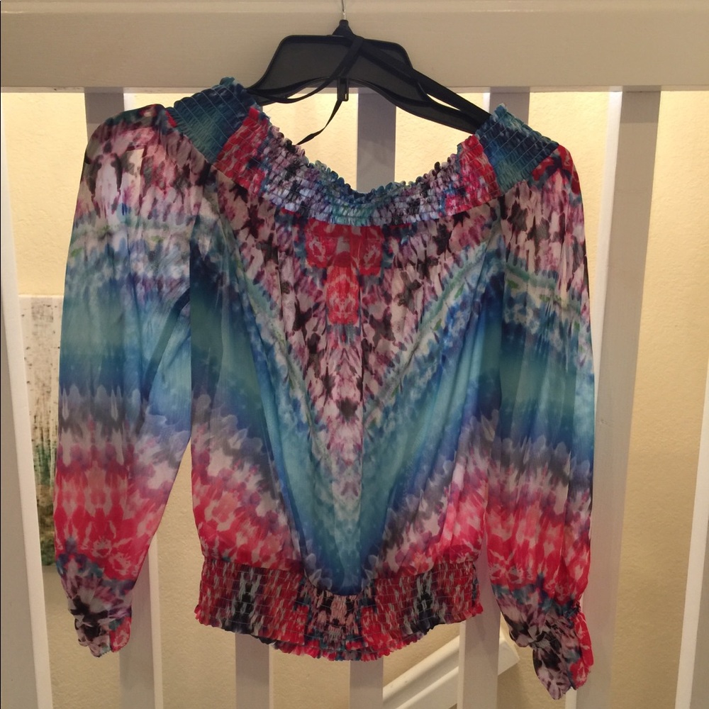 New Bebe Brand Smocked Top- Pink/Aqua- Sz S